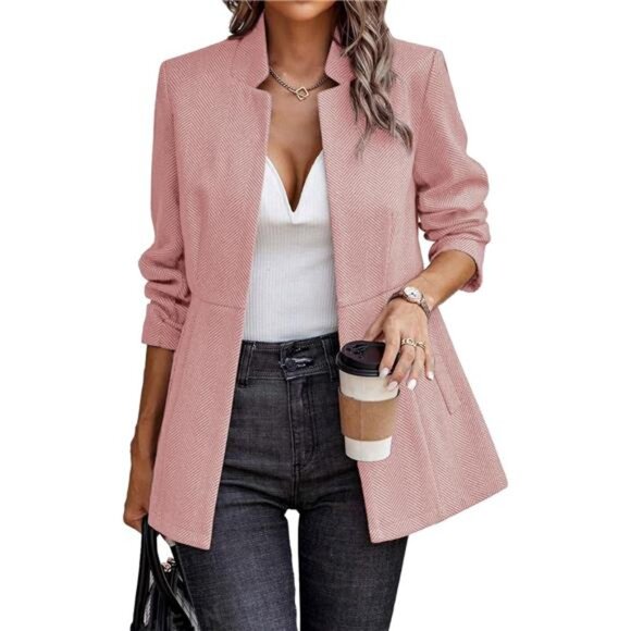 Women's Open Front Herringbone Blazer Pink